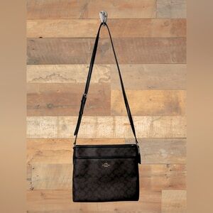 Coach Leather Signature Monogram File Crossbody Bag Purse Brown Black